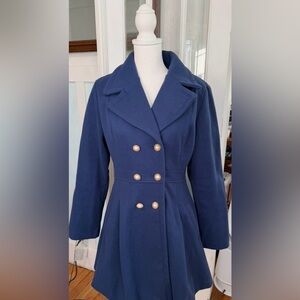 Elegant Navy Blue Pearl & Gold Buttons Double-Breasted Women's Coat